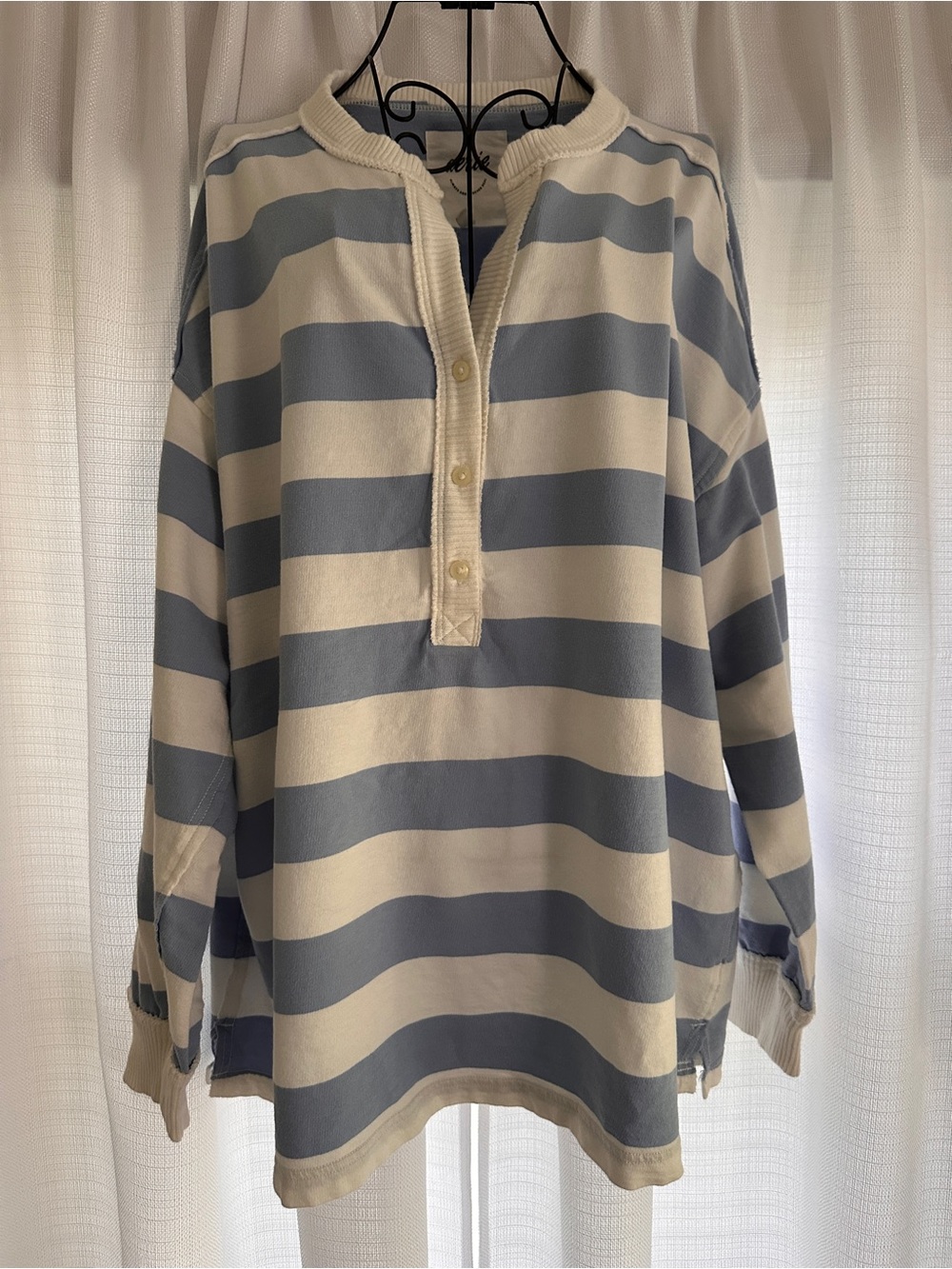 Aerie Striped Rugby Oversized Henley - Cream and Blue - Picture 3 of 9